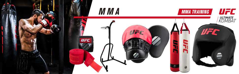 UFC Ultimate Kombat image featuring man with dark hair and beard training with a heavy bag, as well as some of Dyaco's line of UFC training accessories