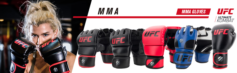 UFC Ultimate Kombat image featuring woman with blonde hair holding MMA gloved hands up to her face, as well as Dyaco's line of UFC gloves